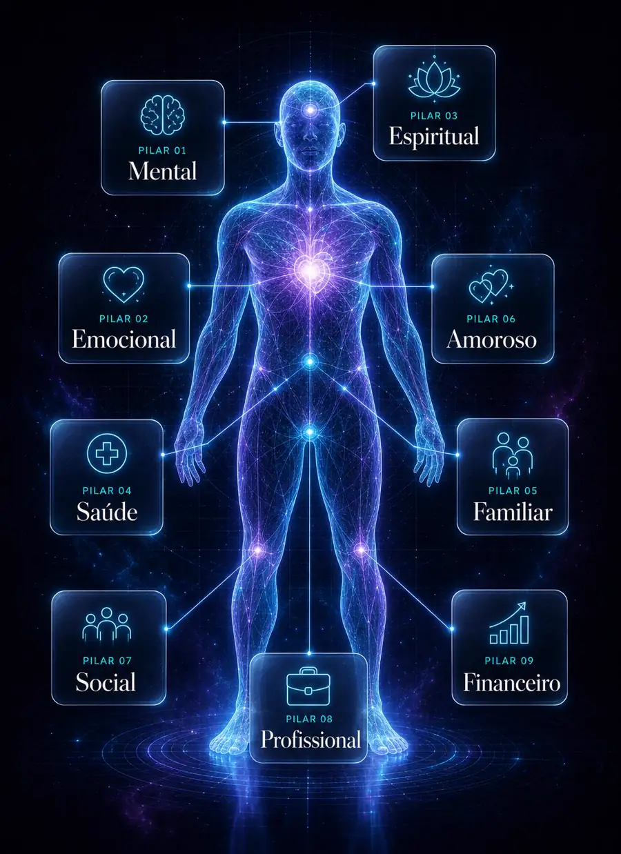Os 9 pilares da vida ao redor da silhueta humana: Mental, Espiritual, Emocional, Amoroso, Saúde, Familiar, Social, Profissional e Financeiro